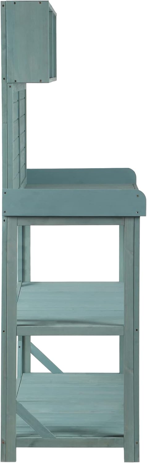 65" H Garden Wooden Potting Bench Table with 4 Storage Shelves and 3 Side Hook, Large Farmhouse Rustic Outdoor Patio Workstation w/Splash Plate & Anti-Falling Device, for Backyard Balcony, Green