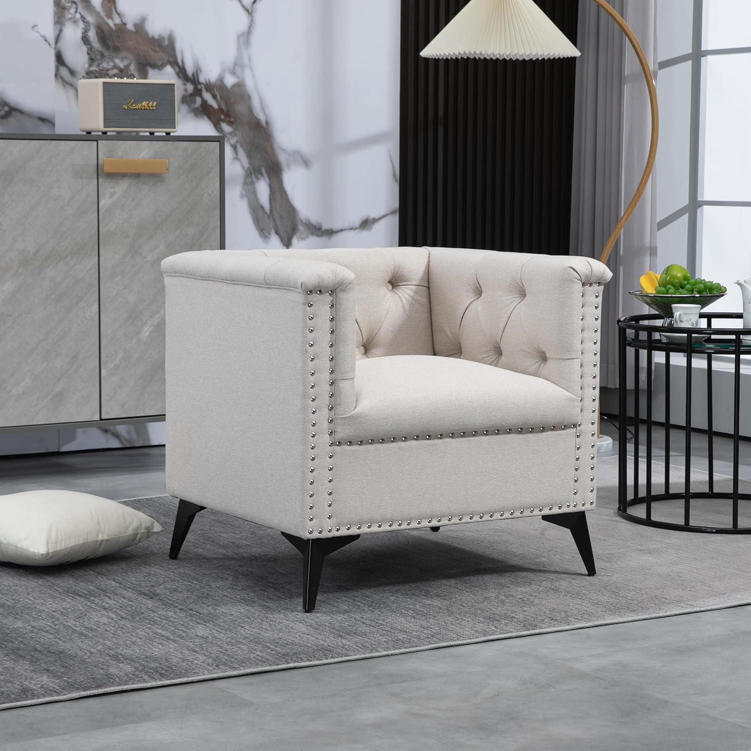 Accent Chair Living Room Chairs Single Sofa Chair,Arm Chairs with Linen Fabric, Mid Century Accent Arm Chairs Comfy Reading Lounge Club Armchair for Bedroom Office Study (Beige)