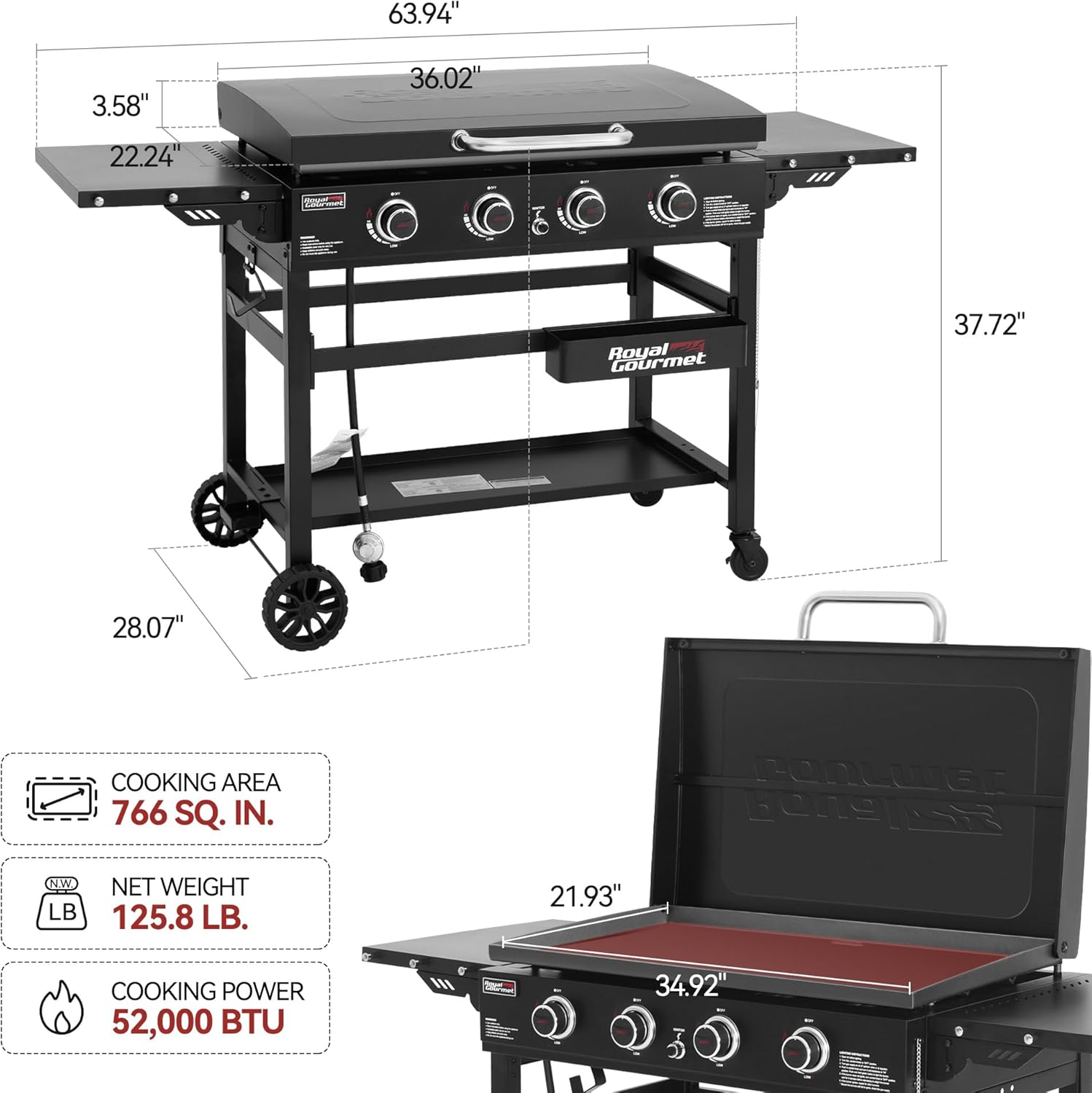 Royal Gourmet GB4000P 4-Burner Propane Gas Griddle with Hard Cover, 35-Inch Flat Top BBQ Grill, 52,000 BTU, Outdoor Griddle Cooking Station for Backyard and Tailgating, Black