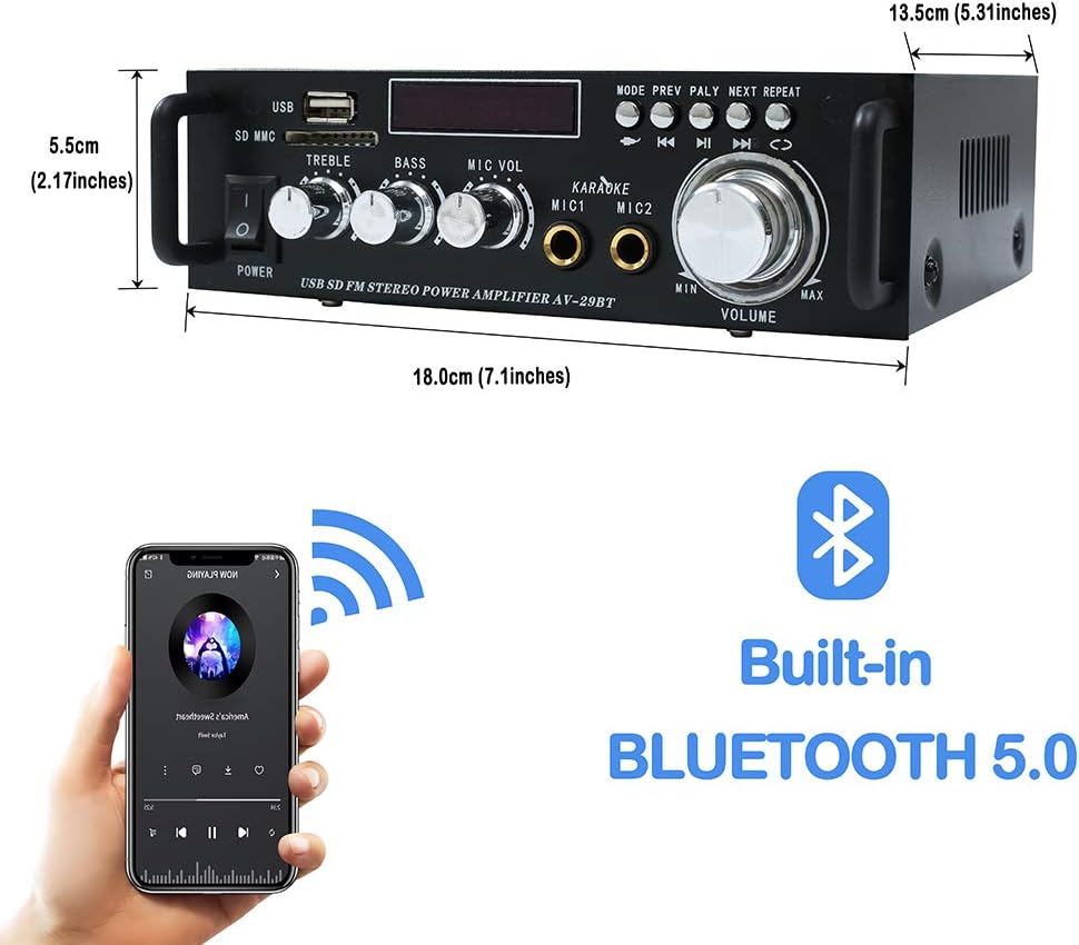 Bluetooth 5.0 Stereo Audio Amplifier Receiver – 300W HiFi Dual Channel Sound Receiver w/USB,SD Card,FM Radio,2 Microphone Input,Remote Control Mini Hi-Fi Karaoke Integrated Amp