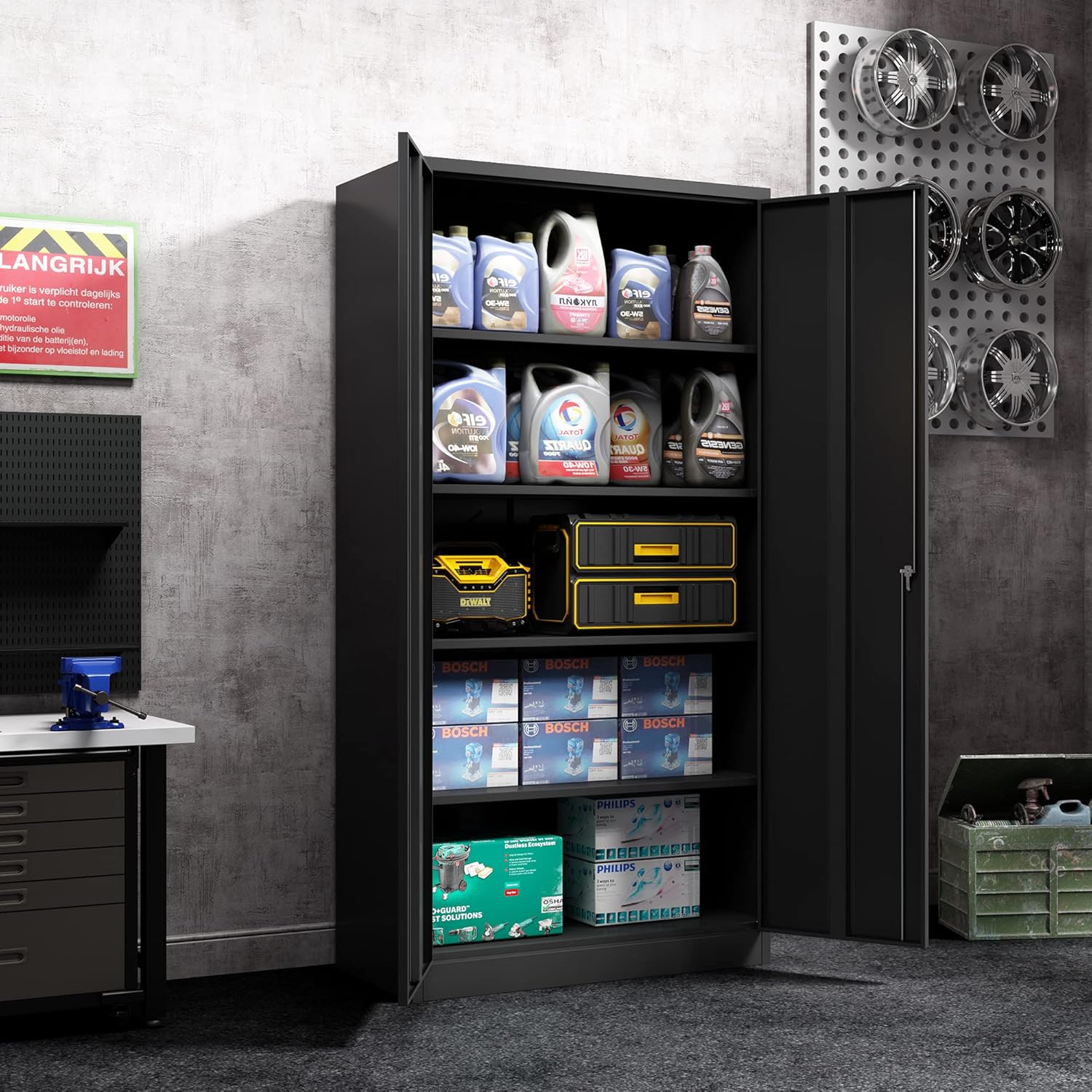 AOBABO Metal Storage Cabinet, 72 Inches Locking Steel Storage Cabinet for Office and Home, Tall Black Storage Cabinet with 4 Adjustable Shelves, Assembly Required