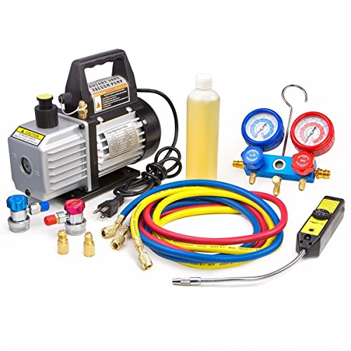 XtremepowerUS Premium 4CFM Air Vacuum Pump HVAC A/C Refrigeration Kit AC Manifold Gauge Case Set R134a Tap w/Leak Detector and Carrying Tote Bag