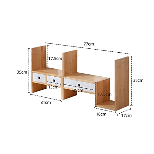 Bookcase Bamboo Desktop Bookshelf with Drawer Expandable Desk Organizer Multifunctional Display Shelf Rack for Office and Home High Capacity, 77*35cm