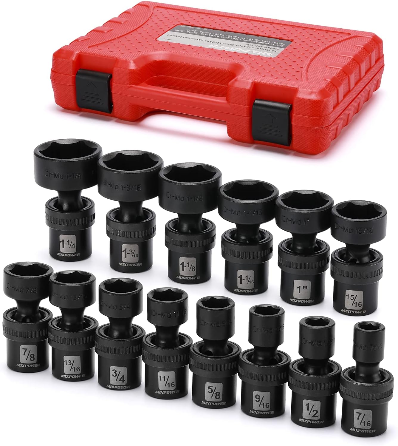 MIXPOWER 10-piece 3/8" Drive Shallow Universal Impact Socket Set, Metric,10-19mm, Swivel Socket with Flexible Wobble, CR-MO