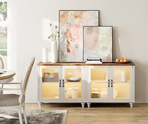 WAMPAT TV Stand for 43 Inch TV with Yellow LED Light, Wood TV Console Table Entertainment Center for Living Room, Buffet Cabinet with Glass Door for Dining Room, Off White