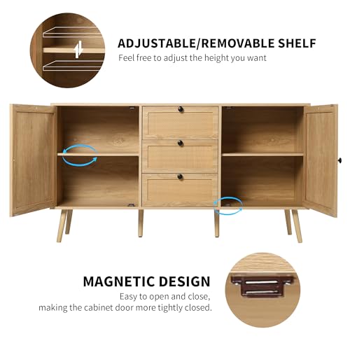 Rattan Sideboard Buffet Cabinet Boho Rattan Storage Cabinet with 2 Doors and 3 Drawers Accent Cupboard Console Table with Adjustable Shelves for Dining Living Room Kitchen