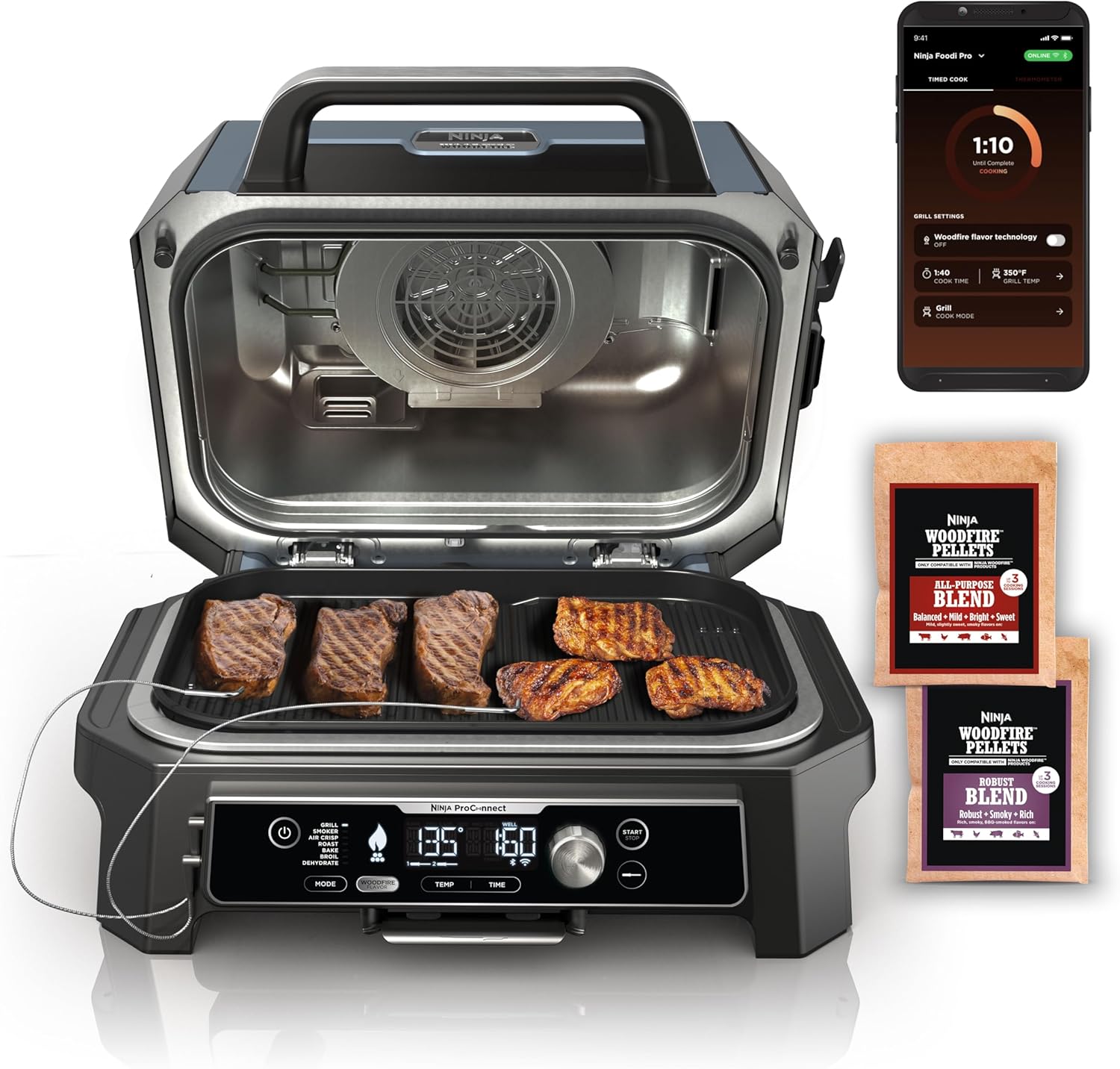 Ninja Woodfire ProConnect Premium XL Grill & Smoker Bundle with Cleaning Brush for OG700/800/900 Series Grills