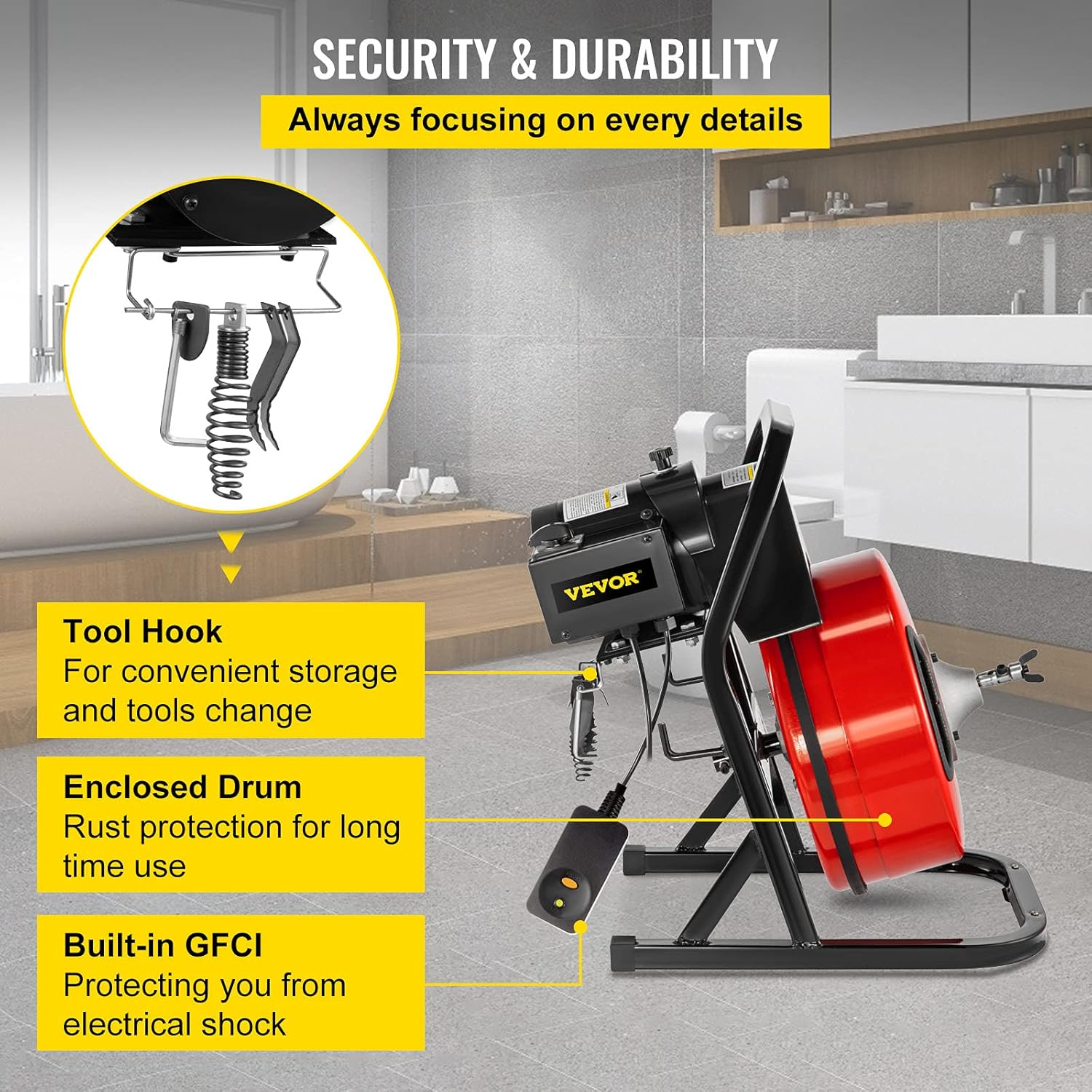 VEVOR 50FTx1/2Inch Drain Cleaner Machine Electric Drain Auger with 4 Cutter & Foot Switch Drain Cleaner Machine Sewer Snake Drill Drain Auger Cleaner for 1" to 4" Pipes