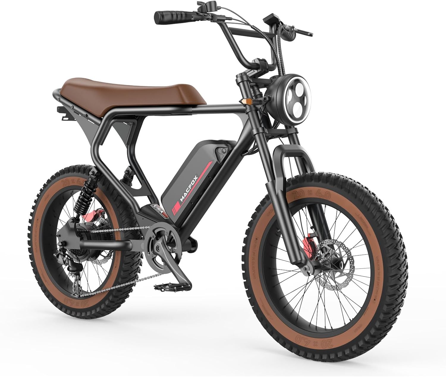 MACFOX X2 Electric Bike, Ebike 750W/48V/20Ah, 20" Fat Tire Electric Bicycles Up to 28MPH & 45+ Miles with Retro Motorcycle Design, Removable Battery, 80Nm Max Torque (Brown)