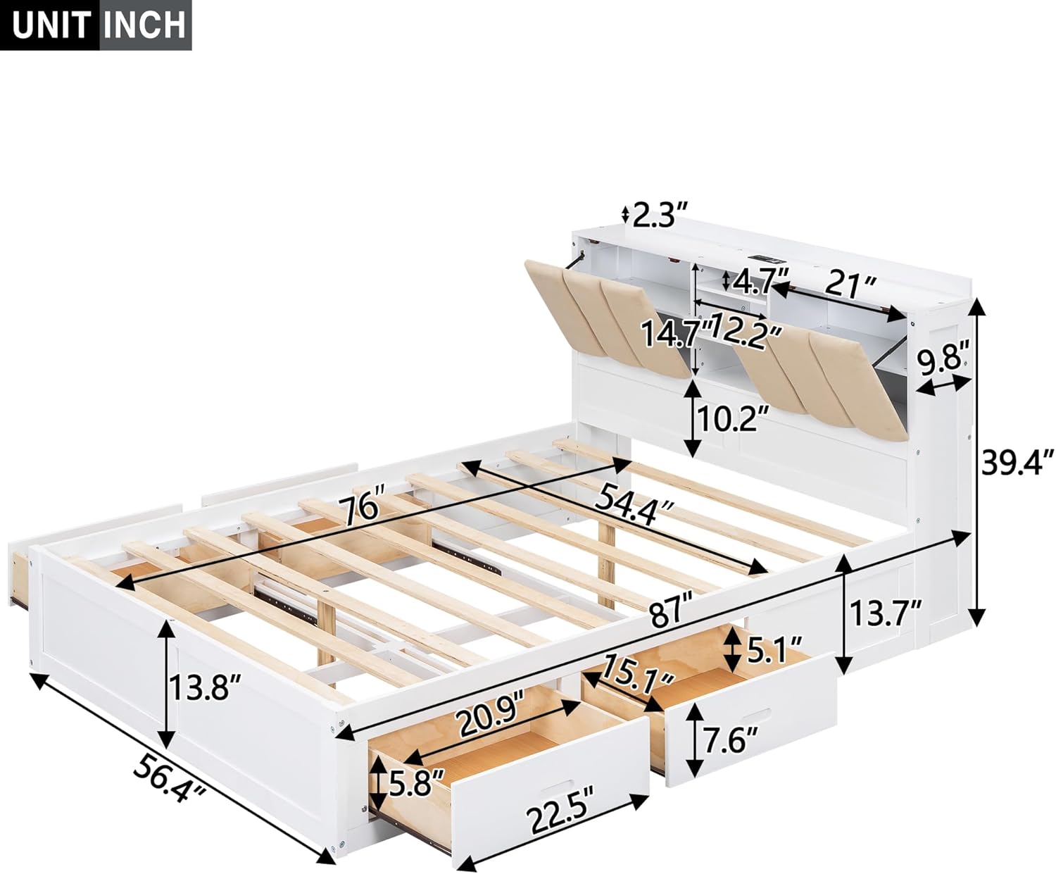 Wood Full Size Platform Bed with Storage Headboard and 4 Drawers, White