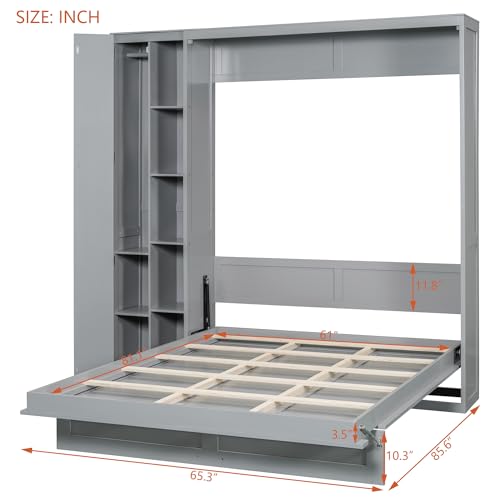 Harper & Bright Designs Queen Size Murphy Bed Wall Bed with Storage Shelves, Wardrobe and LED Lights, Space-Saving for Multipurpose Guest Room or Home Office, Gray