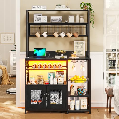 Kitchen Bakers Rack with Storage Shelves, Microwave Stand with Power Outlet and LED Light, Coffee Bar Cabinet Wire Basket Metal Grid Wine Rack Goblet Holder Hooks (Rustic Brown)