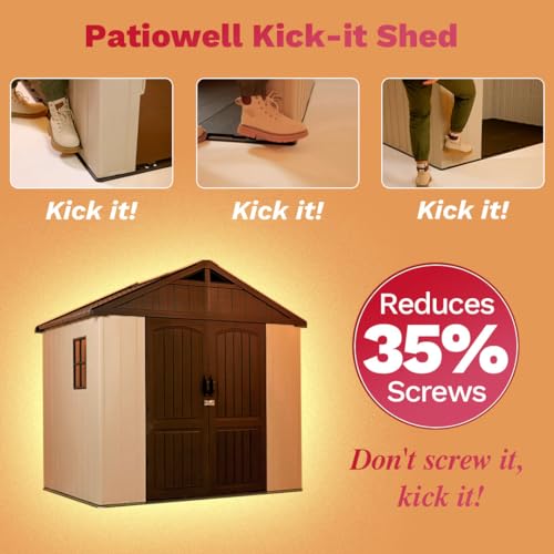 Patiowell 8' x 6' Plastic Outdoor Storage Shed with Floor, Resin Shed with Window and Lockable Door for Garden, Backyard, Tool Storage Use, Easy to Install in Gray and White (Kick-it Shed)