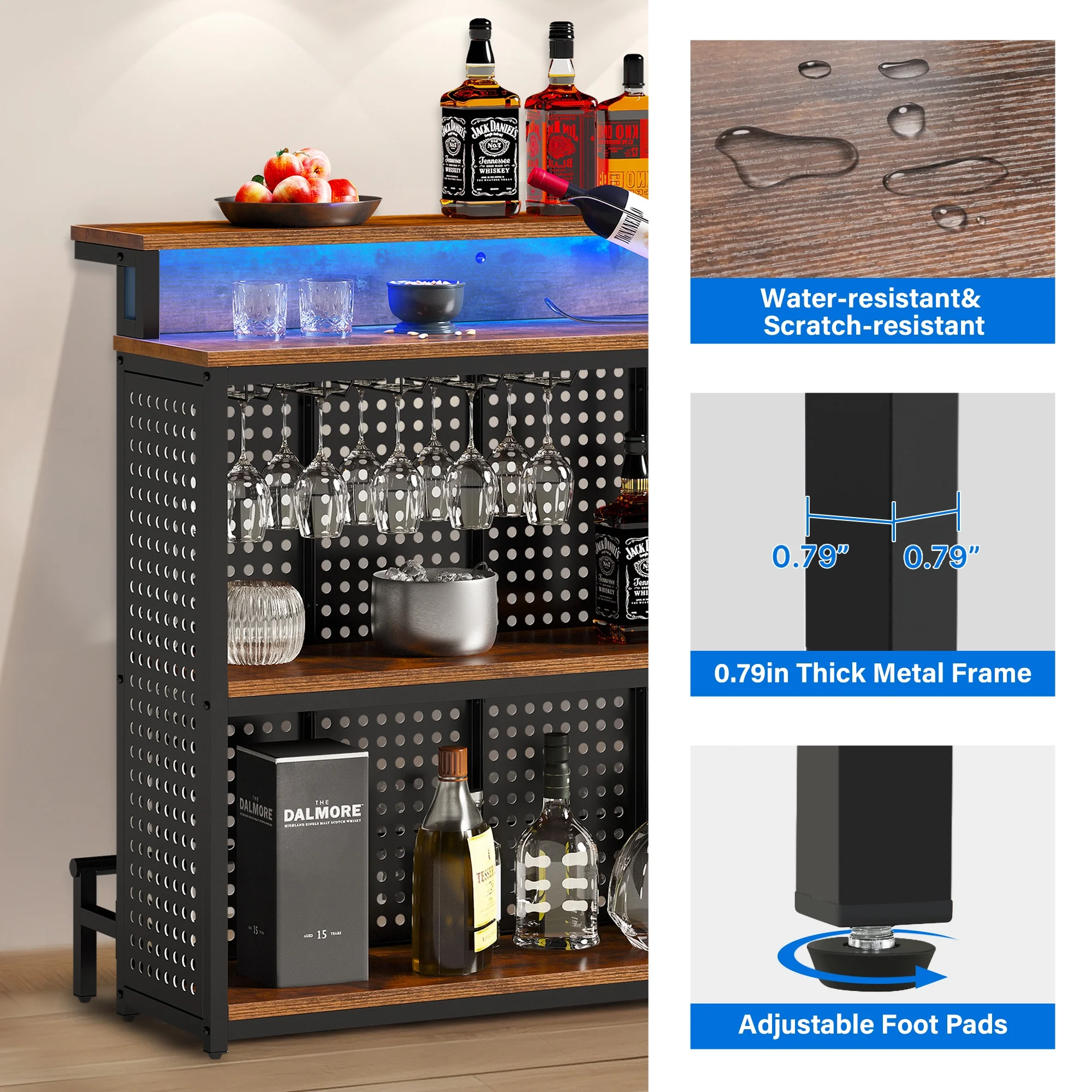 Dextrus 4 Tier Home Bar Unit, 43" Liquor Bar Table with Adjustable RGB LED Color Lights, Mini Bar Cabinet with Stemware Rack and Footrest for Home Pub, Party, Rustic Brown