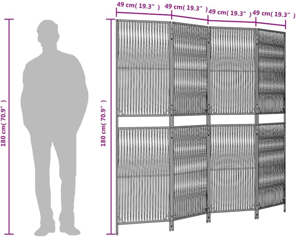 ** vidaXL Room Divider 4 Panels - Gray Poly Rattan Garden Screen - Privacy Partition - 77.2" x 70.9" - Indoor/Outdoor Use - Modern Line Weaving Design - Powder-Coated Steel Frame