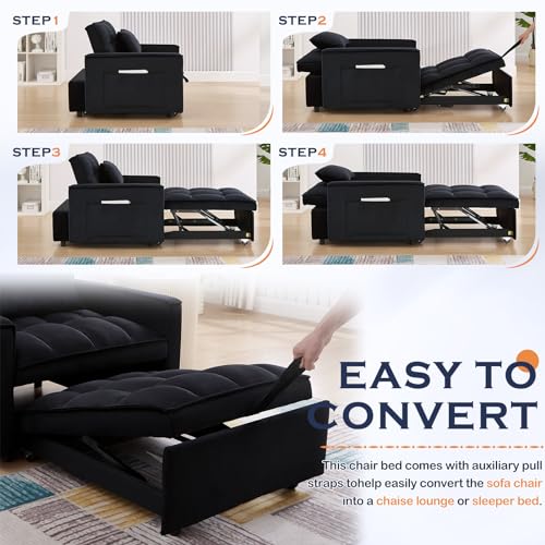 Sleeper Chair Bed,3 in 1 Convertible Sleeper Sofa,Velvet Tufted Upholstered Single Sofa Bed with Adjustable Backrest,Pull Out Recliner Lounger Bed for Living Room,Office,Apartment,Small Space(Grey)