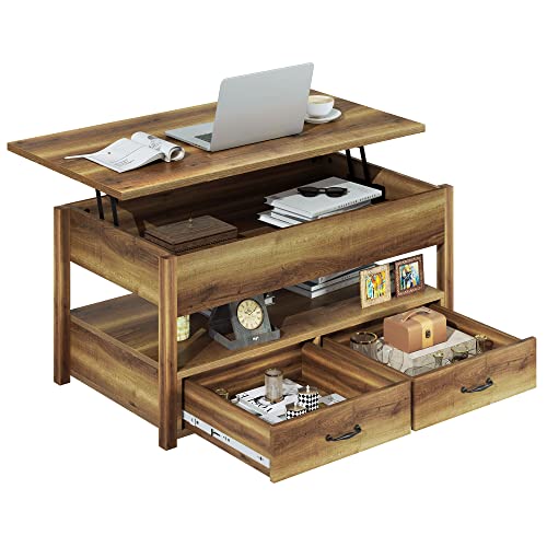 YITAHOME Lift Top Coffee Table with Storage Shelf,Drawers and Hidden Compartment,Retro Center Table with Wooden Lift Tabletop,Lift Tabletop Dining Table for Living Room Office Reception,Rustic Brown