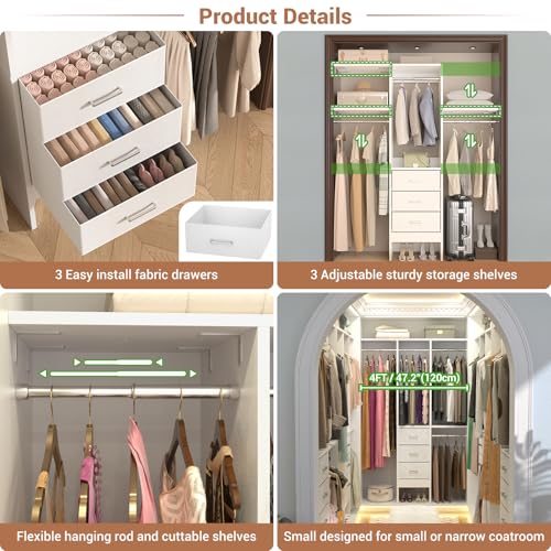 4FT Small Closet System with 3 Fabric Drawers, 48'' Closet Organizer System With 3 Adjustable Shelves, Flexible Built-In Clothes Garment Rack for Small Space, 48" L x 13" W x 71" H, White
