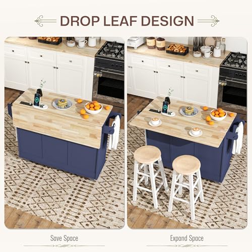 HOMCOM Rolling Kitchen Island with Power Outlet and Drop Leaf, 53" Island Table with Wood Top, 3 Drawers, Adjustable Shelf, Spice & Towel Rack, Kitchen Cart on Wheels, White