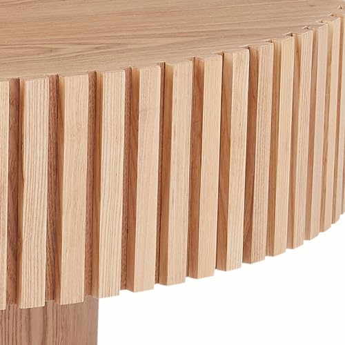 Walnut Wood Coffee Table 31.49" Round Handcraft Drum Coffee Table with Vertical Texture Relief Design Modern Circle Pedestal Tea Table Cocktail Table Center for Living Room,Apartment