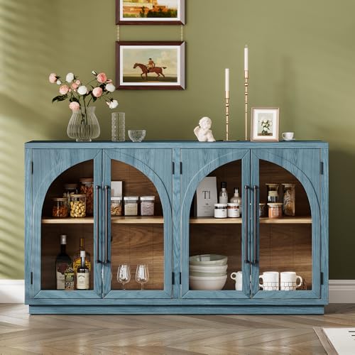 Large Sideboard Cabinet Retro Buffet Cabinet with 4 Glass Doors and Arched Design, Kitchen Cupboard Storage Cabinet for Dining Room Living Room, Black