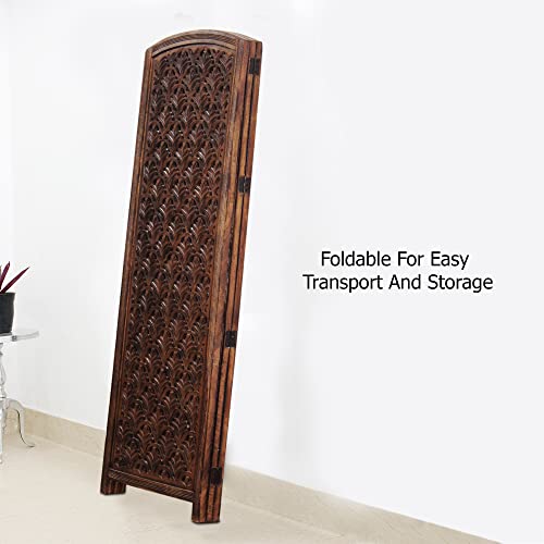 Room Divider Wood Screen - Ghanti Bells Antique Brown - 4 Panel Folding 72 x 80 - Assembled Hand Carved Decorative Functional Versatile Portable Partition Reversible Privacy Boho - COTTON CRAFT