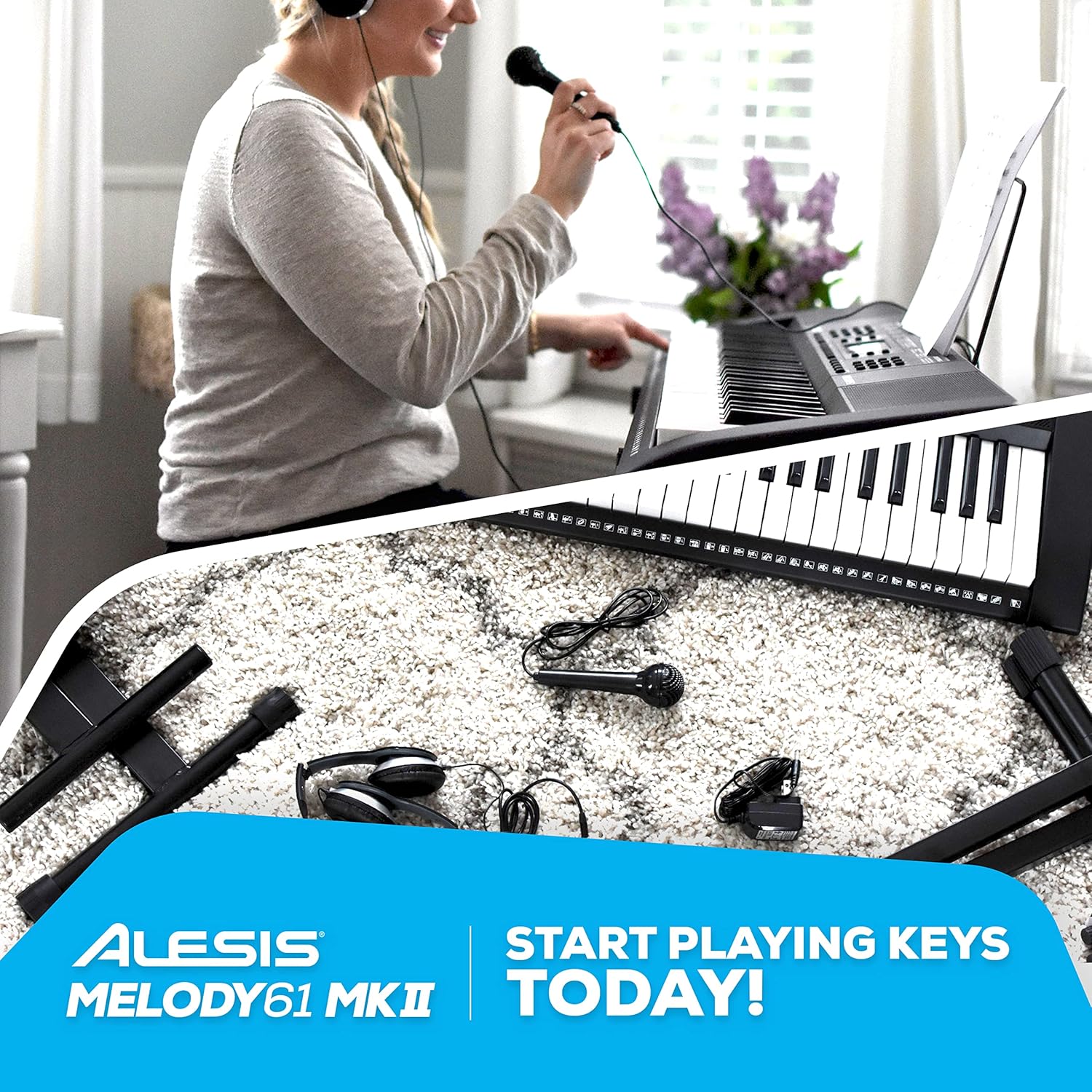 Alesis Melody 61 Key Keyboard Piano with 300 Sounds, Speakers, Digital Piano Stand, Bench, Headphones, Microphone, Music Lessons and Demo Songs