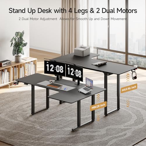 Standing Desk, 71x43 Inches L Shaped Desk with 4 Legs, Dual Motor and Memory Controller, Electric Stand Up Desk Adjustable Height from 28-46 Inches for Computer Workstation