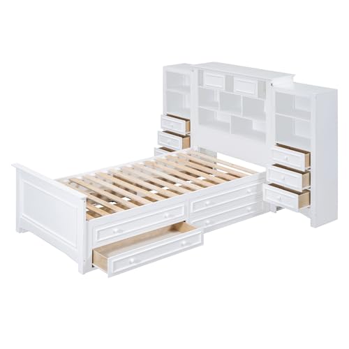 Twin Storage Bed, Wood Platform Bed with Bookcase Headboard and 10 Drawers, Modern Wooden Captain Beds Frame for Kids Boys Girls Teens, Gray