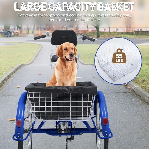 26 Inch Tricycle for Adults, 7 Speed Beach Cruiser Bike Adult Tricycles for Women Men, 3 Wheel Bikes for Adults Large Seat with Backrest, Three Wheel Bikes with Front & Rear Baskets