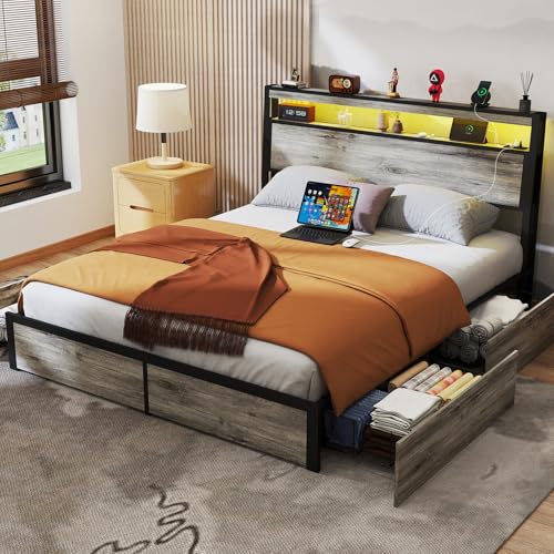 SADENICEL Queen Bed Frame with Storage Headboard and 4 Drawers, Metal Platform Bed Frame with LED Light, Charging Station, No Box Spring Needed, Noise Free, Easy Assembly, Vintage Brown