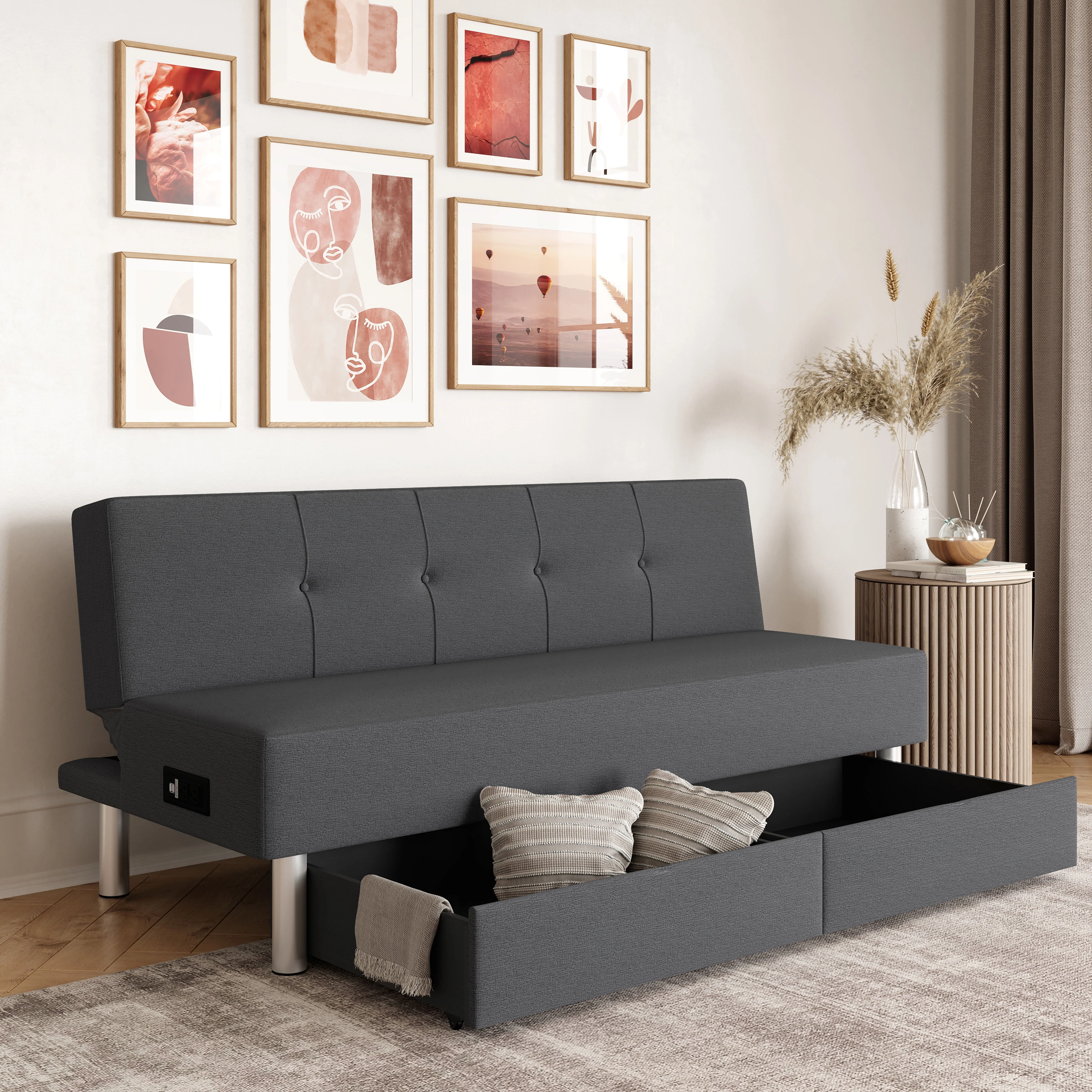 Serta Windsor Futon with Storage and Power, Gray Fabric