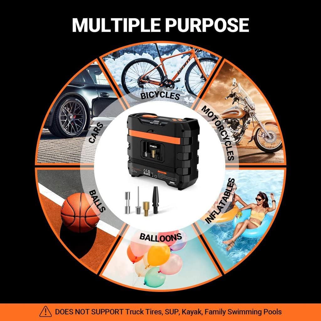 Car Tire Inflator 12V DC Portable Air Compressor with 3 LED Lights | Orange 2Pcs Pack of 2