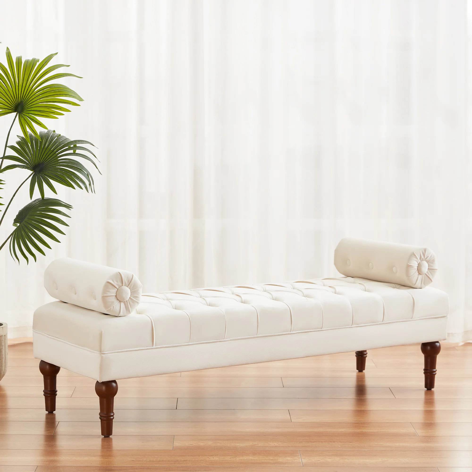 HUIMO 60.2" Bedroom Bench,Large Size Velvet Bench for End of Bed,Upholstered Mid-Century Modern Bench with Button-Tufted,Entryway Bench,Storage Bench for Living Room(Beige)