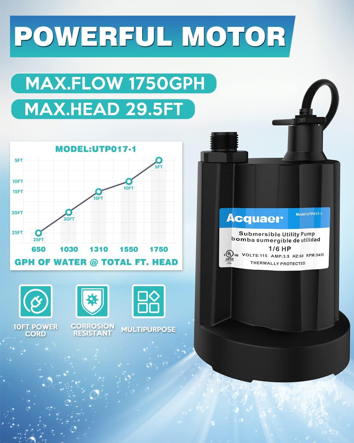 Acquaer Submersible Water Pump 1/6 HP Sump Pump Thermoplastic Utility Pump Small Electric Water Pump 1750GPH Water Remove for Basement Hot Tubs Garden Pool Cover Draining with 10 ft Cord Pack of 2