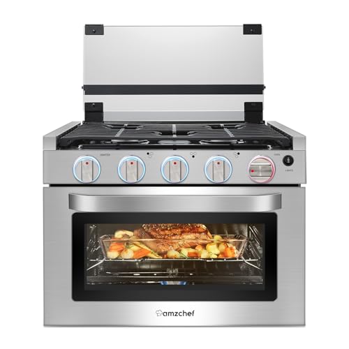 AMZCHEF 21 Inch RV Gas Range Stove 12V. Gas Range Oven for RV Use with 3 Burners, 1.77 Cu.Ft. Capacity Gas Oven, 28,100BTU, Open Flame Configuration, Knob work indicator, Heavy Duty Cast Iron Grates