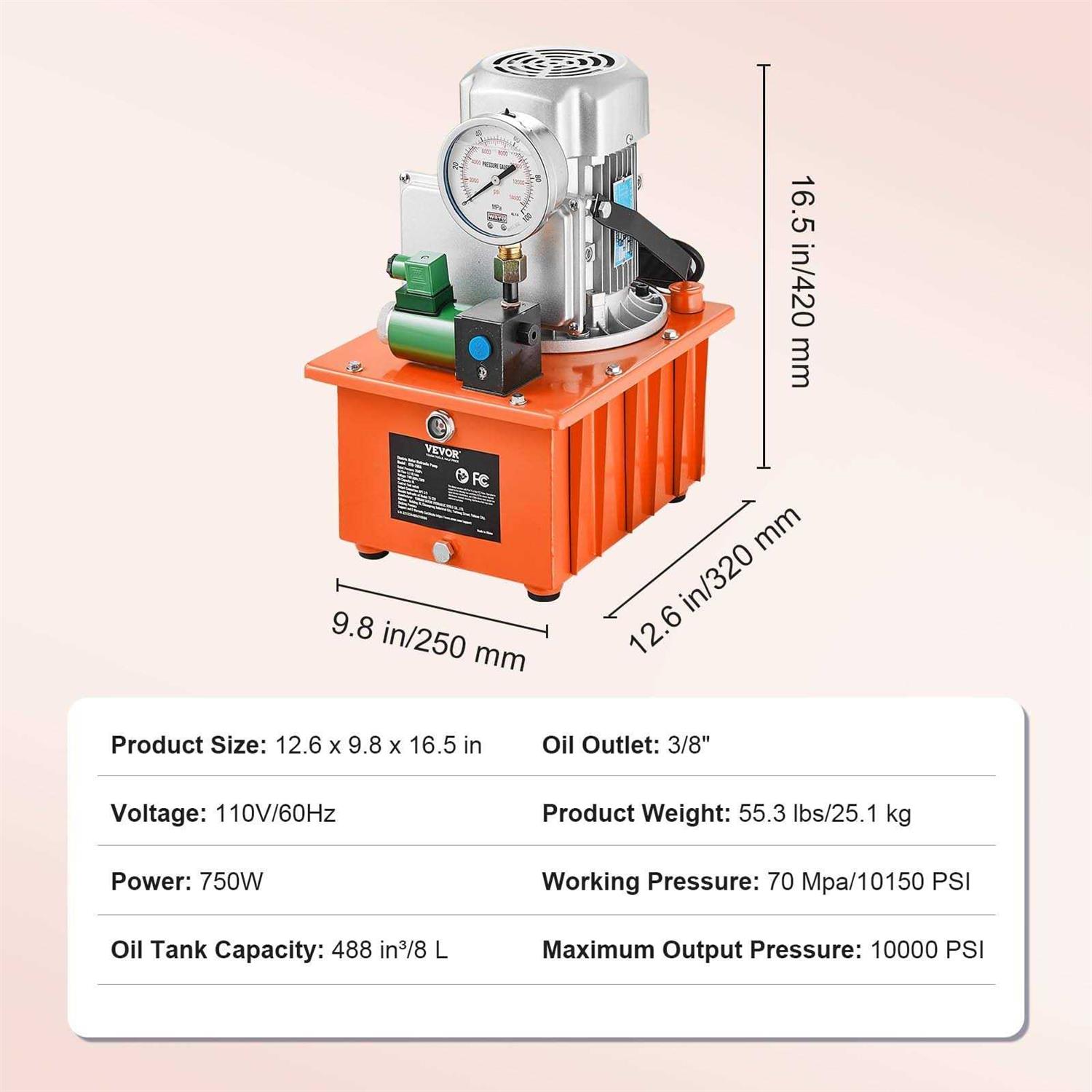 VEVOR Electric Hydraulic Pump 10000 PSI 750W 110V 488 in³/8L Capacity Single Acting Solenoid Valve Electric Driven Hydraulic Pump Power Pack Unit - Shop Hardware Tools Online Store
