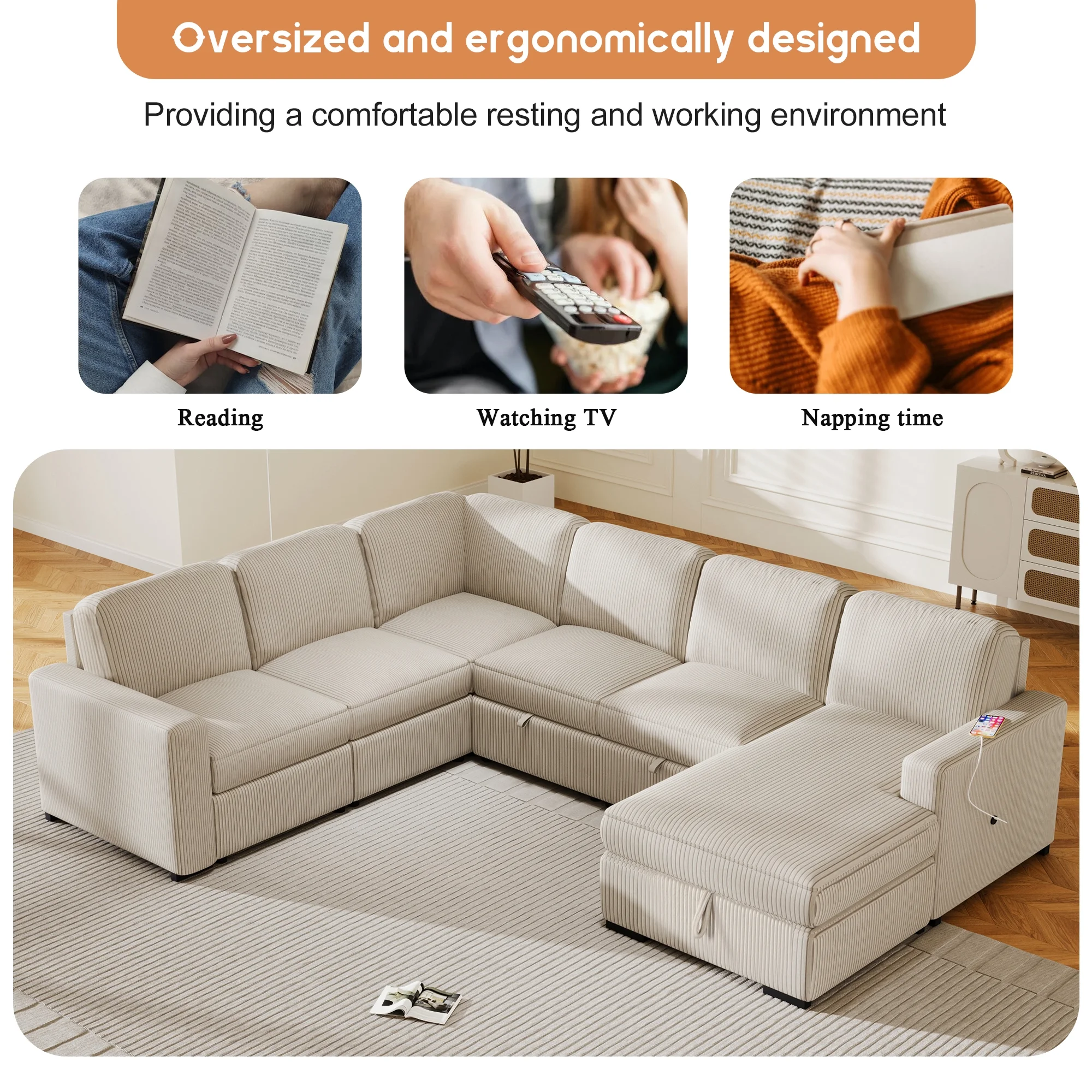 EUROCO 116.5"  Larger 7-Seater Modular Sectional Sofa and Couch, U-Shaped Couch Corduroy Pull Out Sofa Bed with Storage Chaise and USB interfaces for Living Rooms, Offices, and Spacious Spaces,Beige