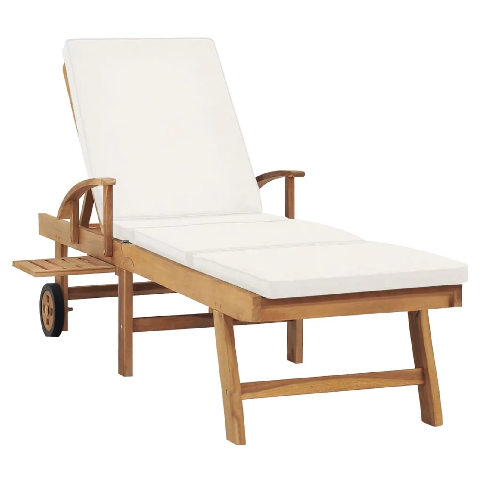 Anself Outdoor Sun Lounger with Sliding Table and Wheels Teak Wood Both Side Adjustable Chaise Lounge Chair Cream Cushioned Poolside, Backyard, Garden Furniture 76.8 x 23.4 x 13.8 Inches (L x W x H)