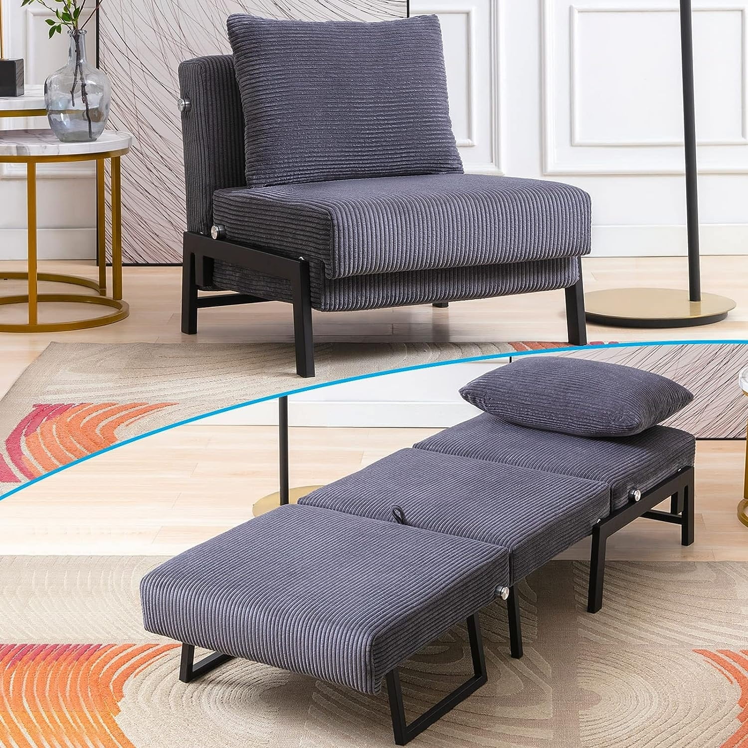 Mixoy Foldable Sleeper Sofa Bed, Fold Out Chair Bed Dark Grey