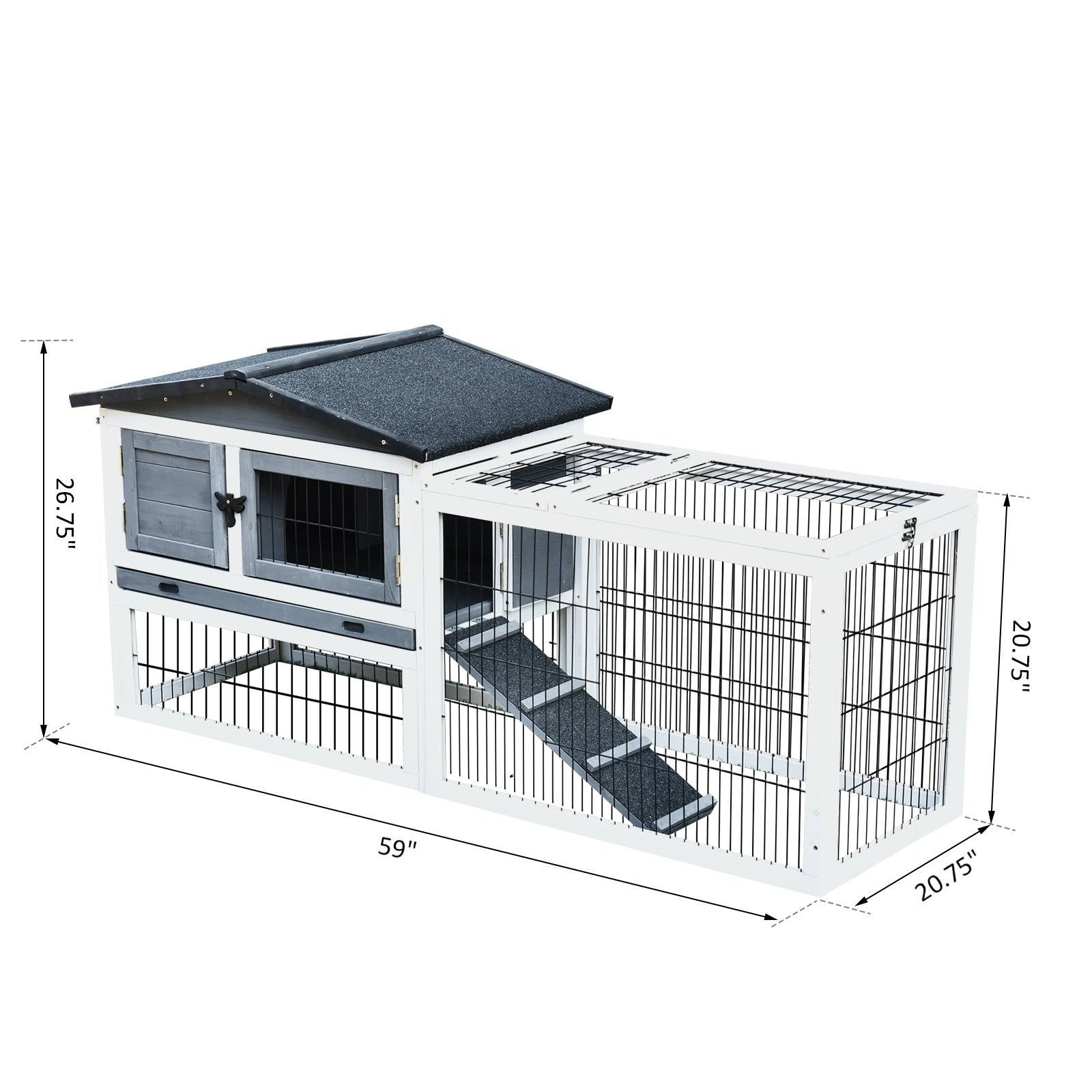 PawHut Solid Wood Rabbit Hutch with 2 House Levels and Patio Space, Strong Black Metal Cage WIRE, and Easy Clean Tray
