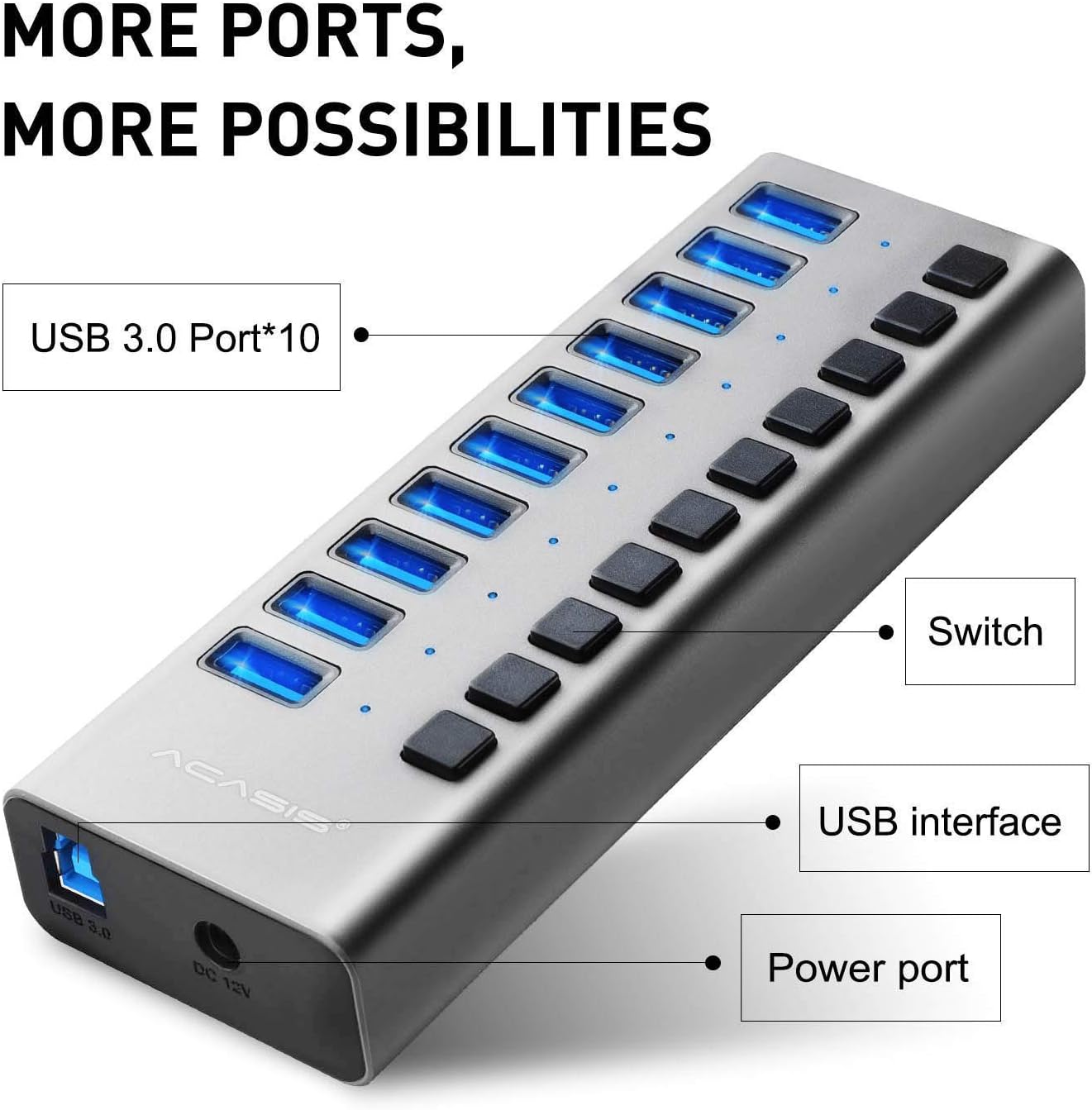 Powered USB Hub - ACASIS 10 Ports 48W USB 3.0 Data Hub - with Individual On/Off Switches and 12V/4A Power Adapter USB Hub 3.0 Splitter for Laptop, PC, Computer, Mobile HDD, Flash Drive and More