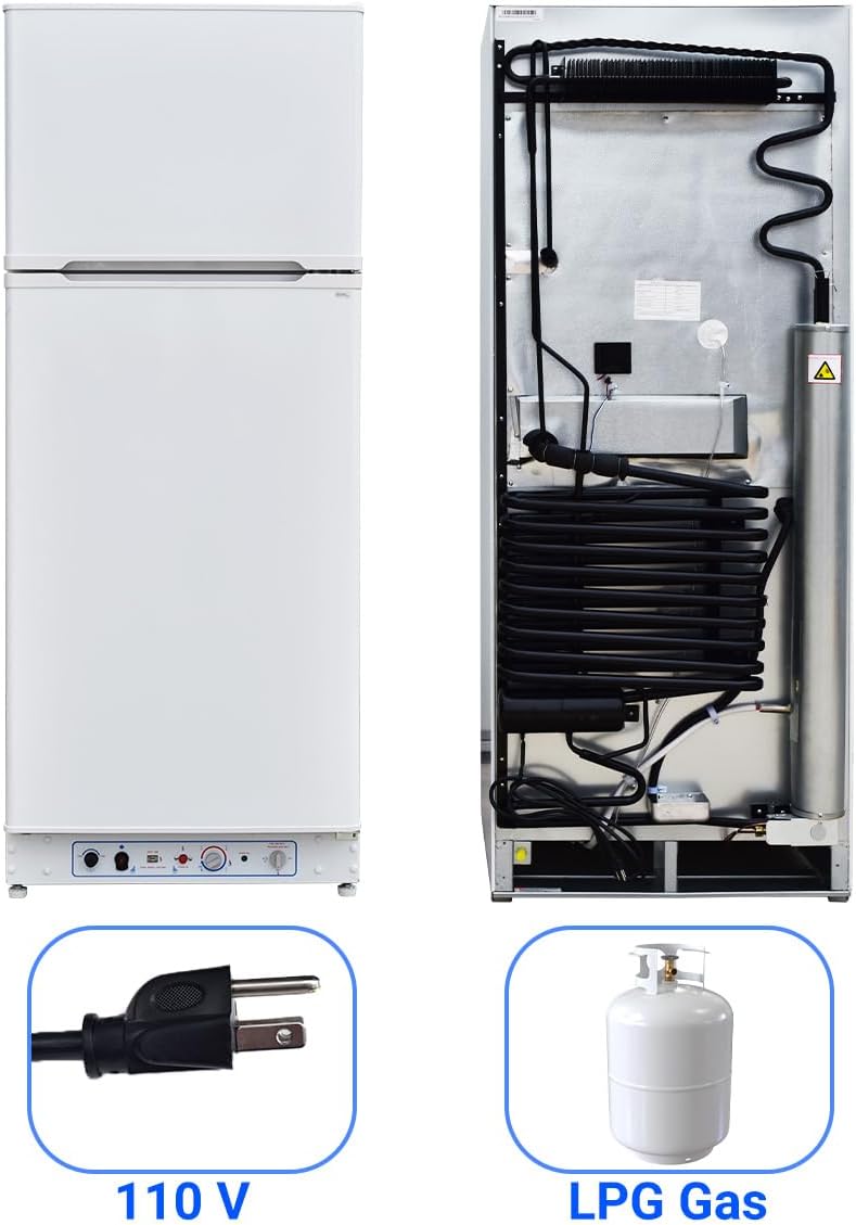 13.5 Cu.Ft Propane Refrigerator with Freezer, Gas Fridge with Freezer Off Grid, 110v/LPG Dual Powers, RV Refrigerator for Outdoor, Truck, Camper, Kitchen, White
