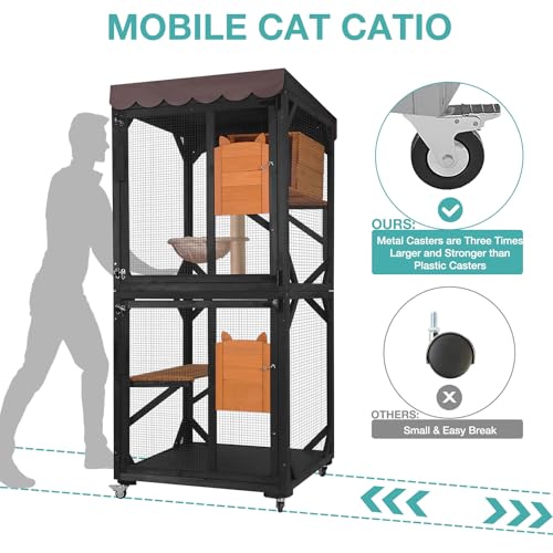 Catio Outdoor Cat Enclosure,Cat House with Wheels,Upgraded cat Scratching Post，Resting Box,Waterproof Roof for Patio Garden (Grey, 31.5" L x 31.5" W x 70.9" H)