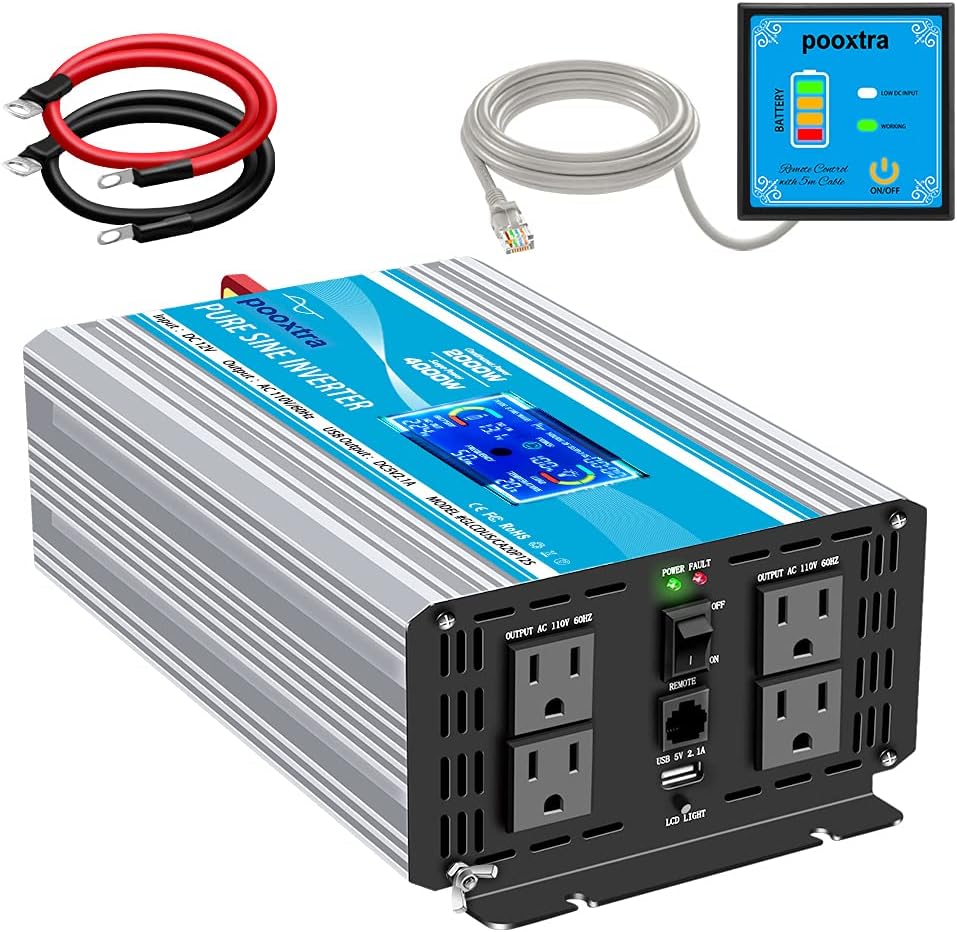 2000 Watt Pure Sine Wave Inverter 12V DC to 110V/120V AC Power Converter with LCD Display & USB Port +4 AC Outlets Car Power for Home RV Trucks Car Emergency to Use(4000 Peak Power)