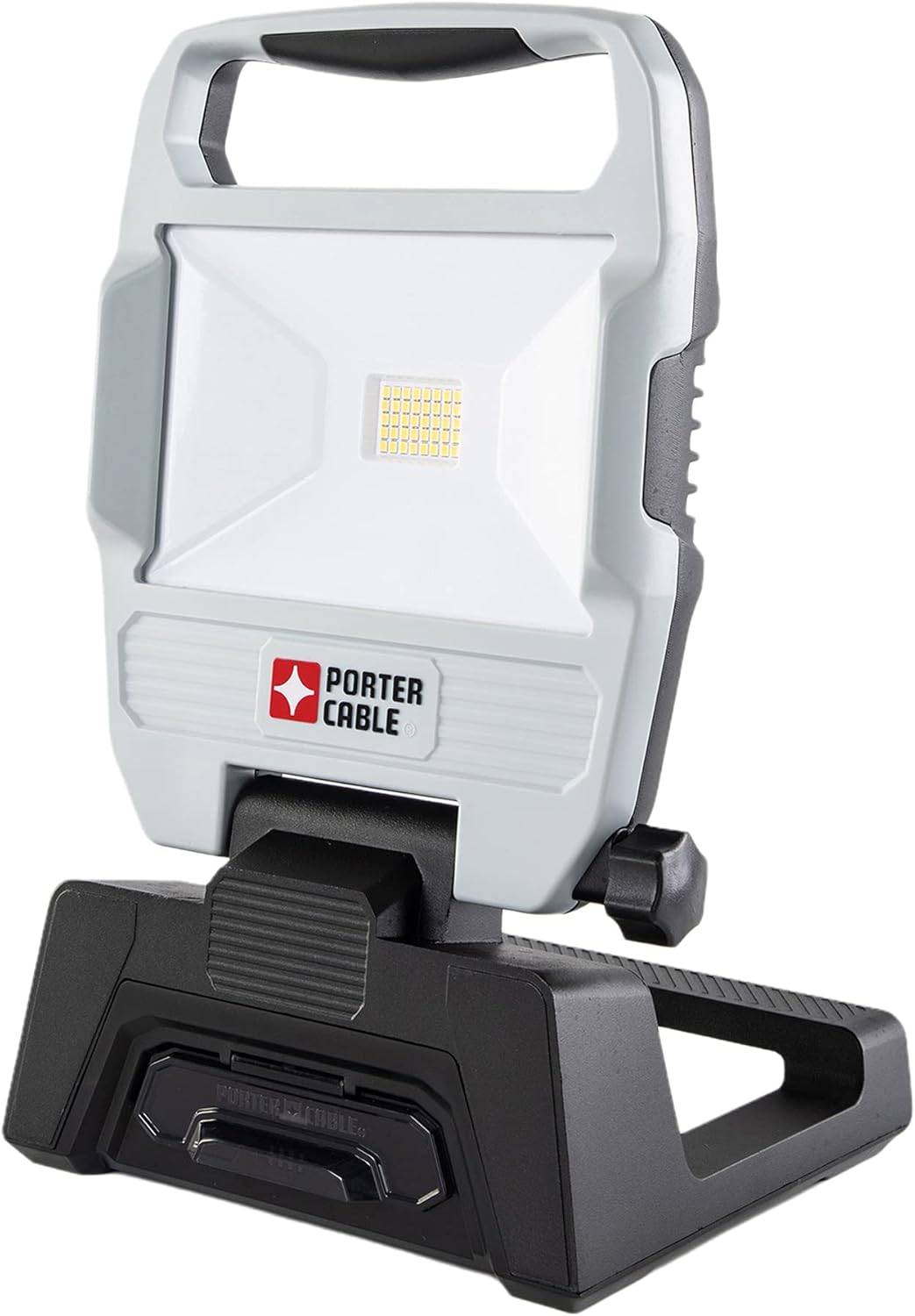 PORTER-CABLE Compa 4000-Lumen Rechargeable LED Work Light with Stand, 3 Brightness Modes, Li-ion Battery Powered, Cordless, Collapsible Tripod, Compact Camping Light, Portable Outdoor Light