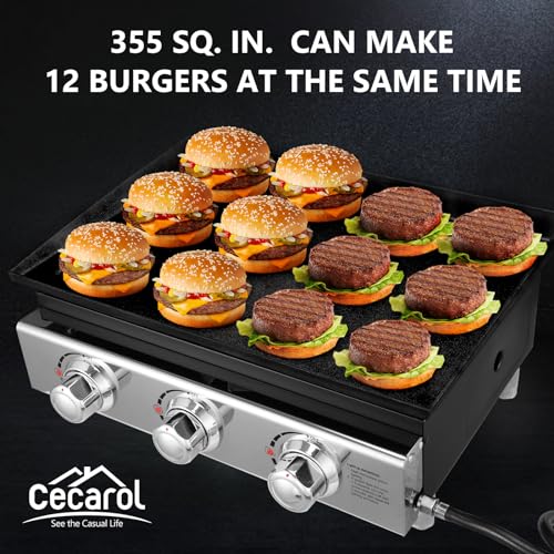 Cecarol 23in 3-Burner Propane Gas Griddle, 355 sq in, 25,500 BTU - For Outdoor, RV, Tailgating