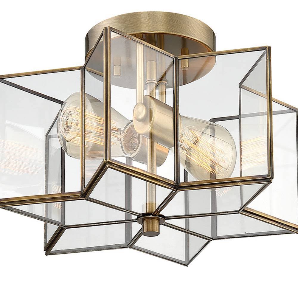 2-Light Natural Brass Semi-Flush Mount with Clear Glass