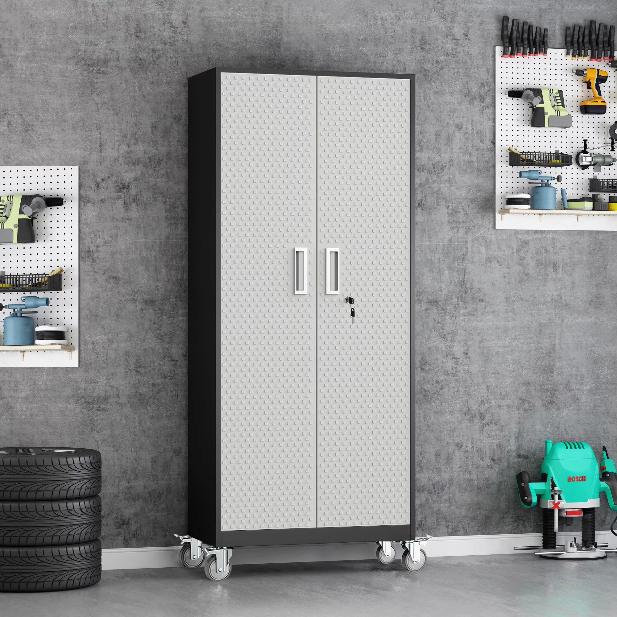 Tall Metal Storage Garage Cabinets with Wheels Locking Doors and 4 Adjustable Shelves, Double Handles, Steel Storage Cabinet for Garage, Office, Bedroom,Classroom, School,Gym (Gray with Pulleys)