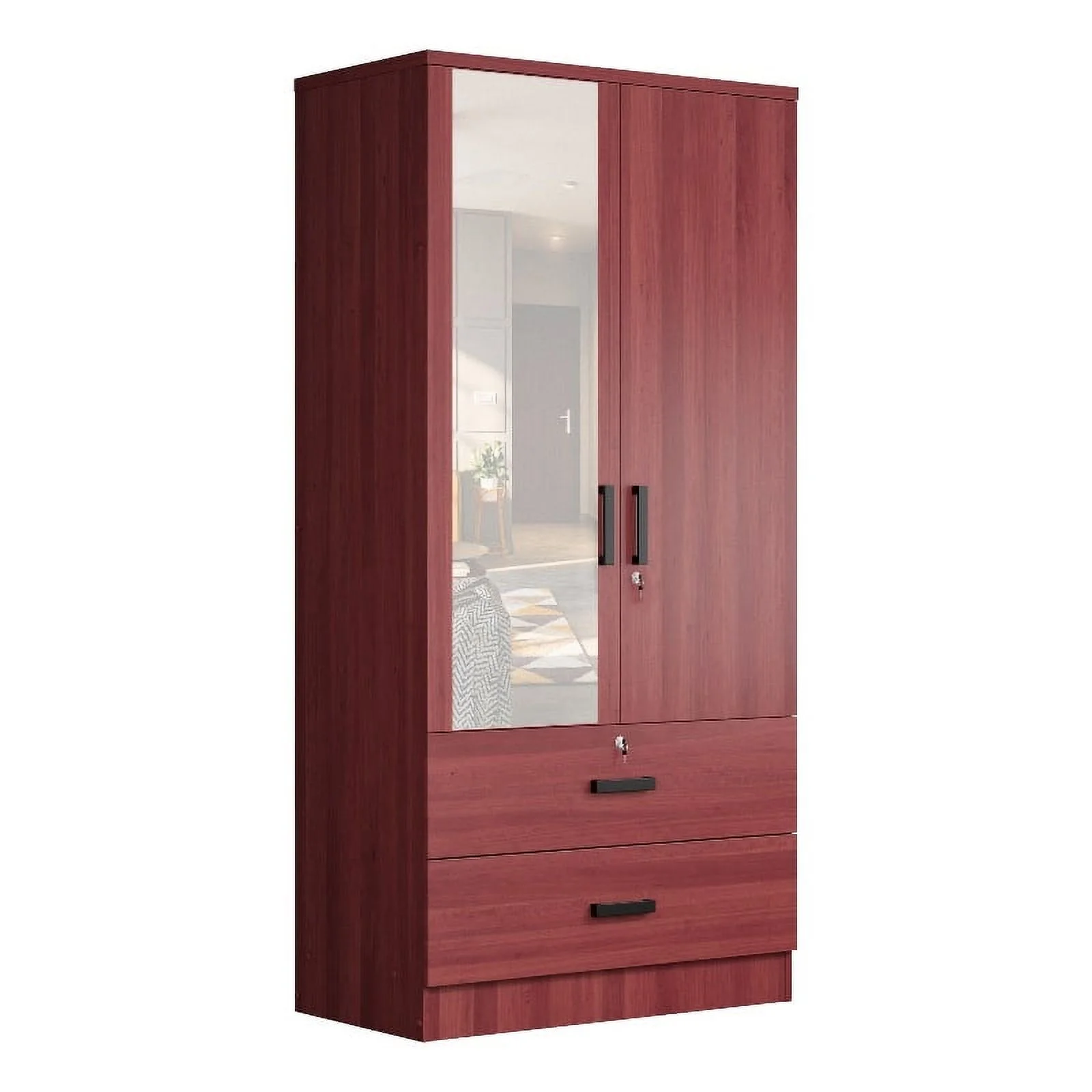 Better Home Products Grace Armoire Wardrobe with Mirror & Drawers in Mahogany